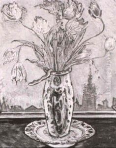 Blumenstilleben Mit Tulpen Vor Offenem Fenster by Julius Huether