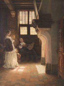 Couple With Dog By The Fireplace by Rudolf Huthsteiner