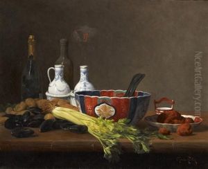 La Salade Japonaise. Stillleben Mit Japanischem Porzellan, Wein, Fisch Und Gemuse by Charles Hutin