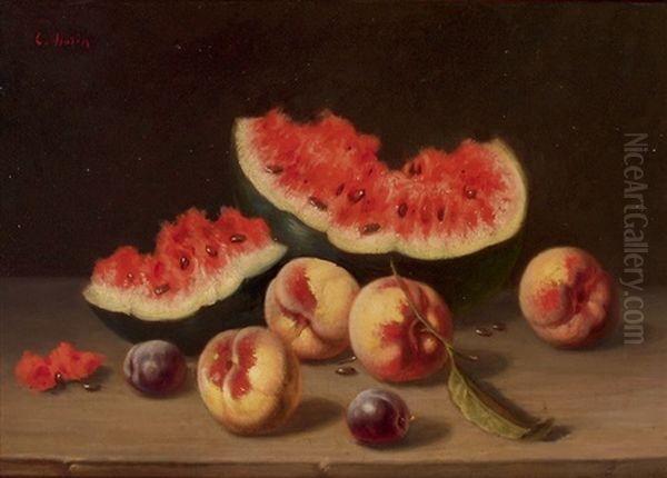 Fruchtestillleben Mit Melonenstucken, Pfirsichen Und Zwetschgen - view 1