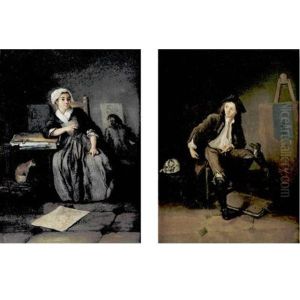 Two Young Artists In Their Studio (+ Another, Similar; Pair) by Charles Francois Hutin