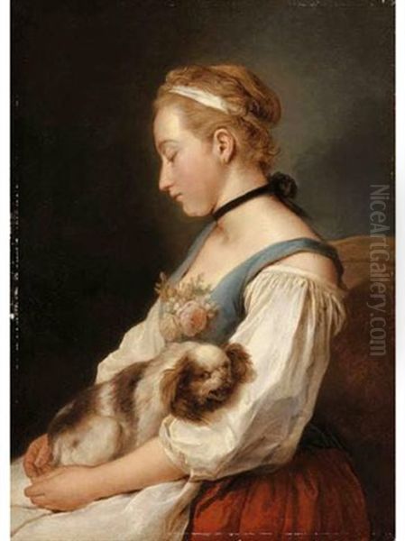 Portrait Of A Young Woman, Holding A Spaniel - view 1