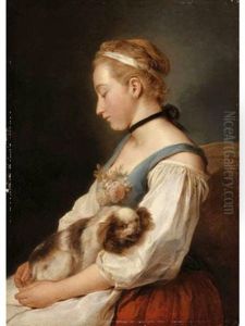 Portrait Of A Young Woman, Holding A Spaniel by Charles Francois Hutin