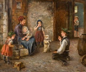Spielende Kinder Mit Hund by Arthur Hutschenreuter