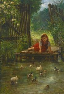 Kleines Madchen Spielt Am Ententeich An Einem Fruhsommertag by Arthur Hutschenreuter