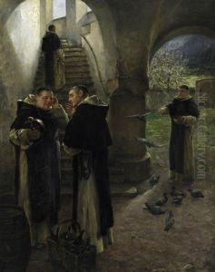 Zwei Monche Im Gesprach Vor Der Treppe Zum Dormitorium by Arthur Hutschenreuter