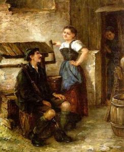 Jager Und Magd Im Gesprach Am Brunnen, Von Einer Alten Frau Belauscht by Arthur Hutschenreuter