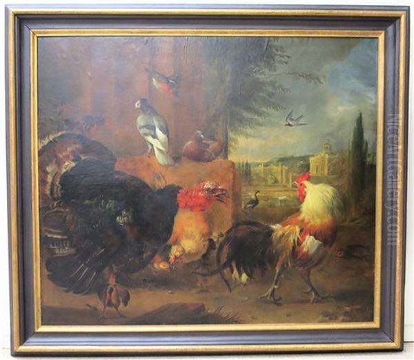 Avian Scene With Chickens, Turkey, Doves, Etc. With Palace And Fountain In The Background - view 1