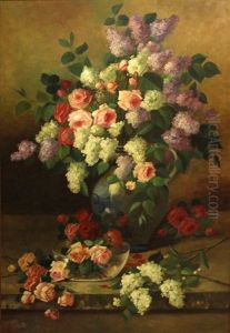 A Still Life With Roses And Lilacs In A Blue Vase by Francois Joseph Huygens