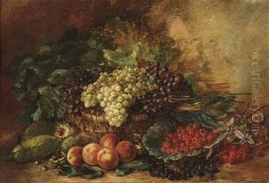 White And Black Grapes In A Wicker Basket, Surrounded By Gourds, Chestnuts, Peaches, Raspberries And Blackberries by Francois Joseph Huygens