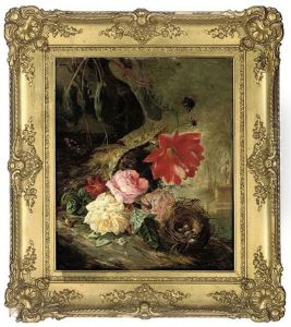 Roses, Primrose, Cactus Flower, And A Bird's Nest On A Mossy Bank, With A Classical Statue Beyond
