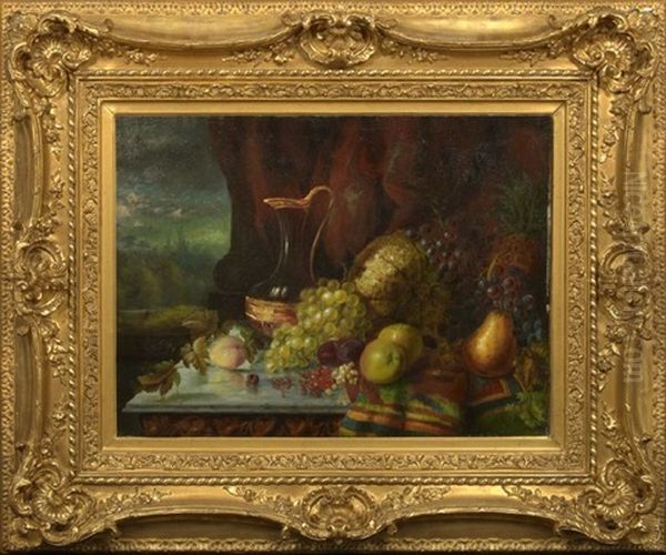 Still Life With Melons, Grapes, Pineapple, Pears, Apples, Nuts, Crystal Ewer And Exotic Linen - view 1