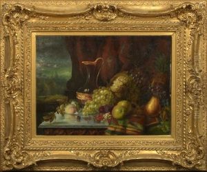 Still Life With Melons, Grapes, Pineapple, Pears, Apples, Nuts, Crystal Ewer And Exotic Linen