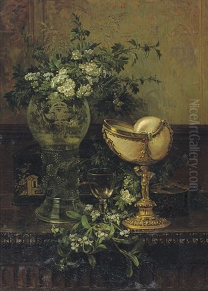 A Nautilus Shell, An Amorial Roemer And A Lacquer Chest On A Table - view 1