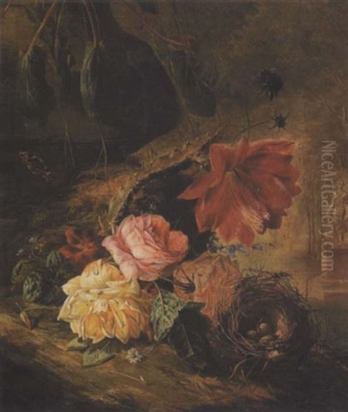 A Still Life With Roses, Other Flowers, A Butterfly And A Bird's Nest - view 1