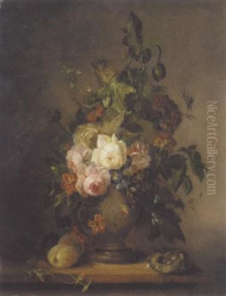 Roses, Tulips And Other Flowers In A Vase With Plums And A Bird's Nest On A Wooden Ledge - view 1