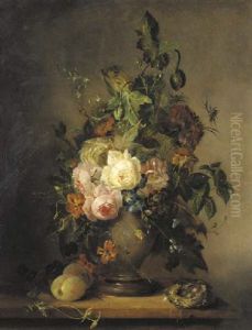 Roses, Tulips And Other Flowers In A Vase With Plums And A Bird's Next On A Wooden Ledge