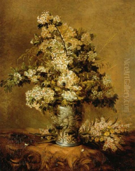 Vase Fleuri D'aubepines Avec Insecte - view 1