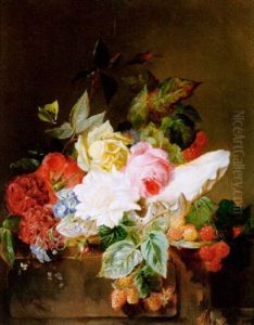 Still Life With Flowers And Berries And A Butterfly On A Stone Pillar