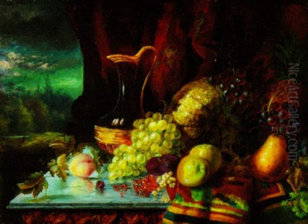 Still Life With Melons, Grapes, Pineapple, Pears, Apples, Nuts, Crystal Ewer And Exotic Linen - view 1