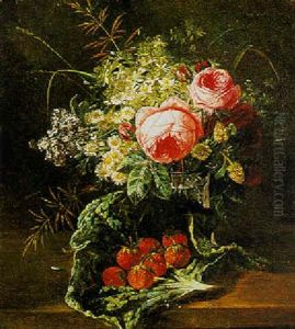 A Still Life With Peonies, Roses And Strawberries by Francois Joseph Huygens