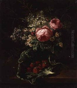 A Still Life With Peonies, Wildflowers And Strawberries A Still Life With Peonies, Wildflowers And Strawberries