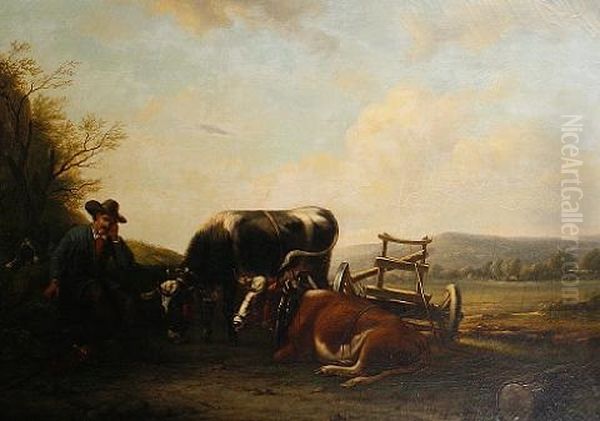 A Farmer With Oxen Resting Beside A Cart - view 1