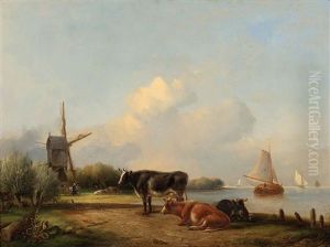 An Der Niederlandischen Kuste Mit Windmuhle, Kuhen Und Segelschiffen by Frederik Lodewyn Huygens
