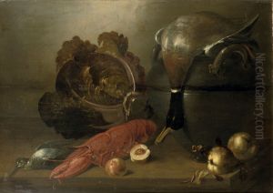 A Lobster, A Snipe, A Duck Lying On A Cauldron, Vegetables And Pears, All On A Wooden Table by Balthasar Huys