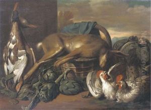 Game, Including Ducks And A Hare On A Basket, With Artichokes And Cockerels In A Landscape