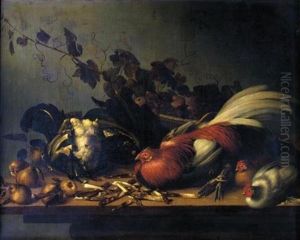 A Still Life Of Cockerel And Chicks On A Ledge Surrounded By Asparagus, Cauliflower And Pears by Balthasar Huys
