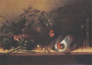 A Still Life With Two Hens, Artichokes, Grapes, Apples, A Pear, Hazelnuts, Two Finches, All On A Wooden Table by Balthasar Huys