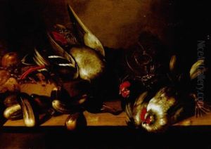 A Still Life With Gherkins, Fruits, A Cabbage, Hens And A Duck, All On A Wooden Table by Balthasar Huys