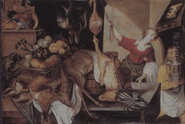 A Kitchen Interior With Two Servants Beside A Table Draped With Dead Game And A Basket Of Fruit - view 1