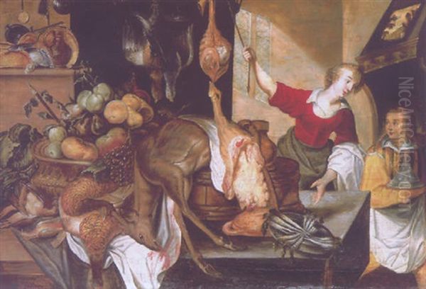 A Kitchen Interior With Two Servants Standing Beside A Table Draped With Dead Game And A Basket Of Fruit - view 1