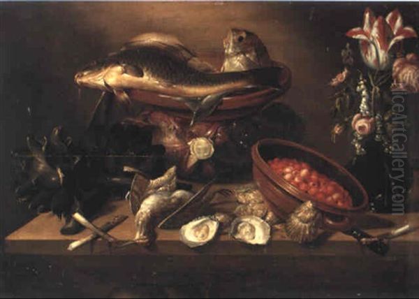 Flowers In A Glass Vase, Wild Strawberries And Vegetables On A Table - view 1