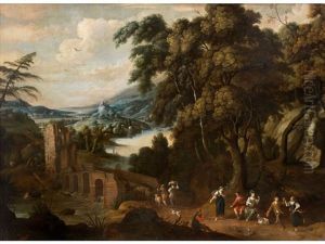 Baumlandschaft Mit Flusslauf, Ruine Und Figurenstaffage by Cornelis Huysmans