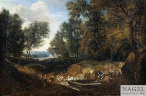 Bewaldete Landschaft Mit Hirten Und Tieren An Der Tranke by Cornelis Huysmans