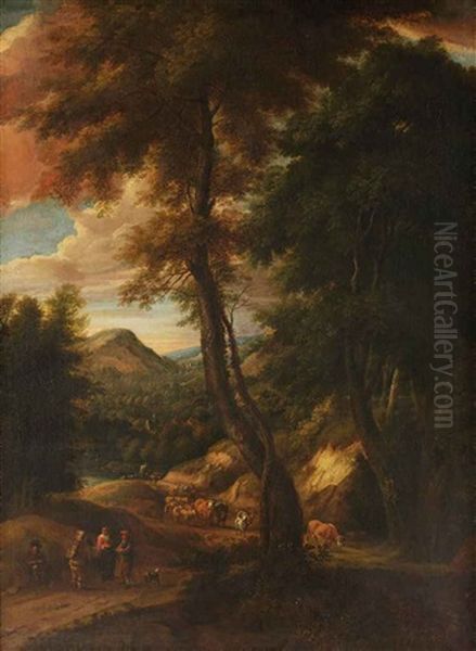 A Hilside Forest Landscape With Travellers And Cattle On A Path - view 1