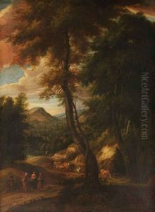 A Hilside Forest Landscape With Travellers And Cattle On A Path by Cornelis Huysmans