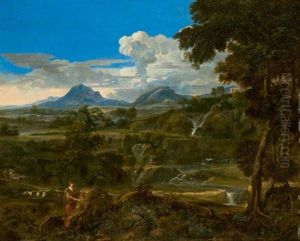 Personnage Portant Une Inscription Sur Un Rocher Dans Un Paysage Classique