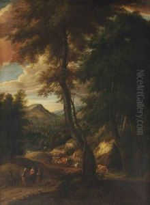 A Hilly Forest Landscape With Travellers And Cattle On A Path by Cornelis Huysmans