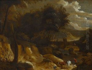 Hirte Mit Vieh Am Ufer In Flusslandschaft Hirte Mit Vieh Am Ufer In Flusslandschaft