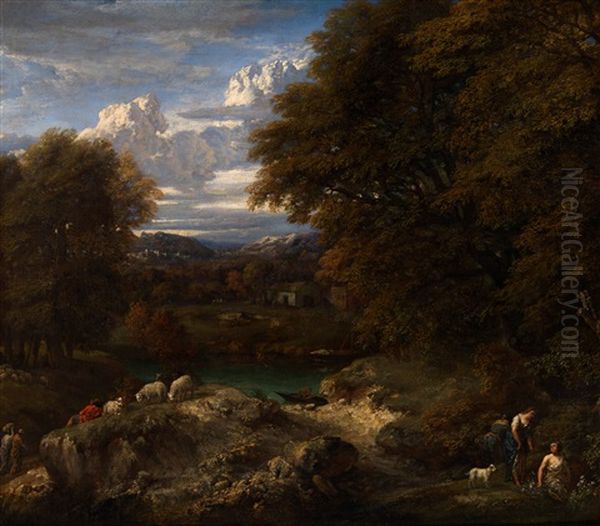 A Shepherd Boy Resting Near His Flock On A Sandy Bank In A Wooded River Landscape - view 1