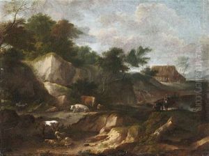 Bewaldete Felslandschaft Mit Hirten Und Herde, Im Hintergrund Ein Bauerngehoft