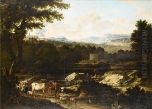 Drovers And Their Cattle In An Italianate Landscape by Cornelis Huysmans