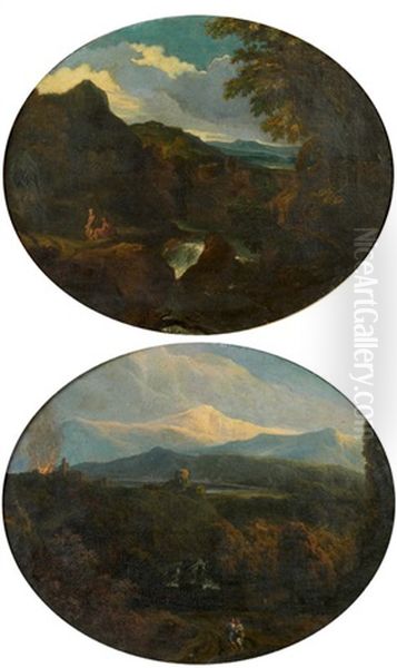 Paysage De Montagne Et De Cascade Anime De Promeneurs (+ Repos D'un Couple De Bergers Devant Une Cascade; Pair) - view 1