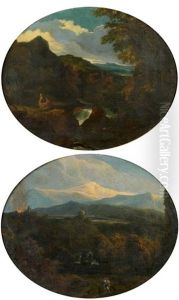 Paysage De Montagne Et De Cascade Anime De Promeneurs (+ Repos D'un Couple De Bergers Devant Une Cascade; Pair) by Cornelis Huysmans