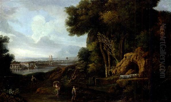 Landschaft Mit Felsgrotte, Im Hintergrund Fluss Und Stadt - view 1