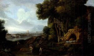 Landschaft Mit Felsgrotte, Im Hintergrund Fluss Und Stadt by Cornelis Huysmans